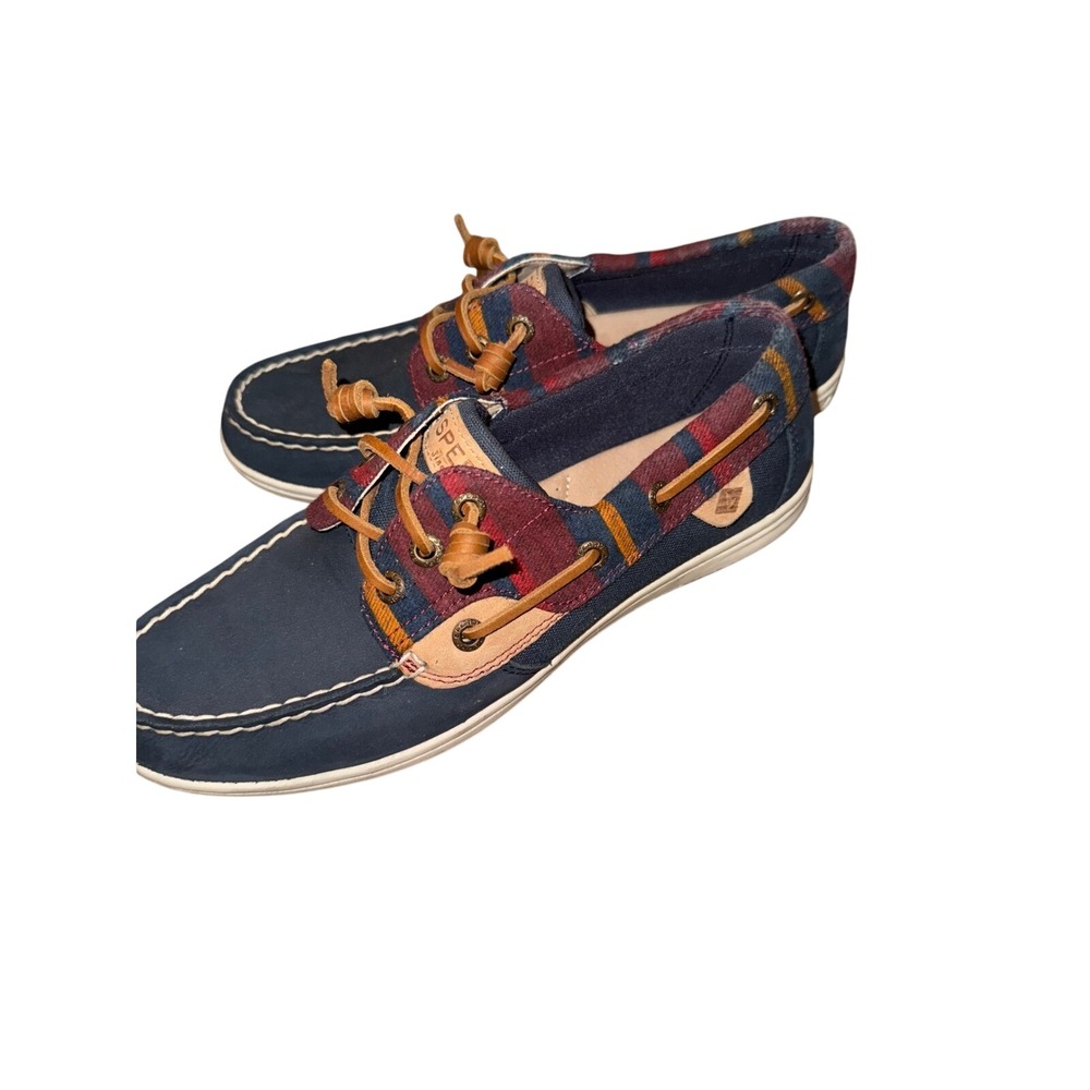 Sperry Top-Sider Plaid Flannel Boat Shoes Navy Blue Womens Preppy 7.5 - Picture 3 of 5